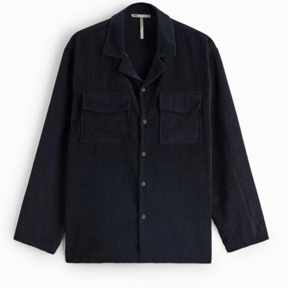 ZARA Man Large Navy Blue Relaxed Fit Corduroy Suit Button Down Shirt Shacket - Picture 2 of 16